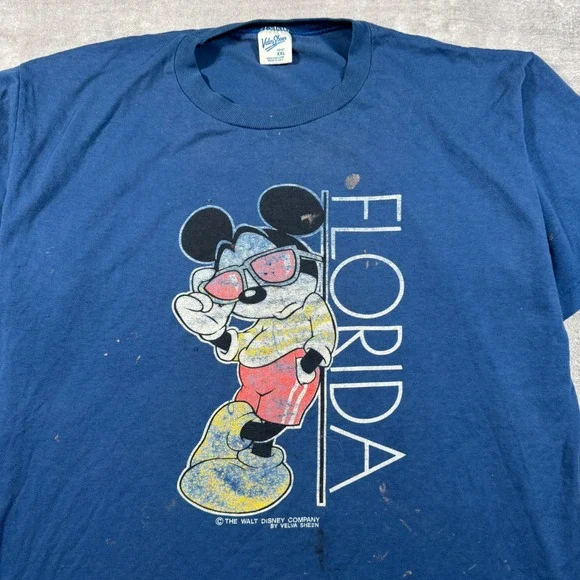 Mickey Mouse Shirt Mens 2XL Blue Florida Vintage 80s Distressed Velva Sheen - Picture 2 of 12